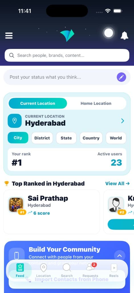 Vtoba home feed showing location-based rankings with top ranked people in a city