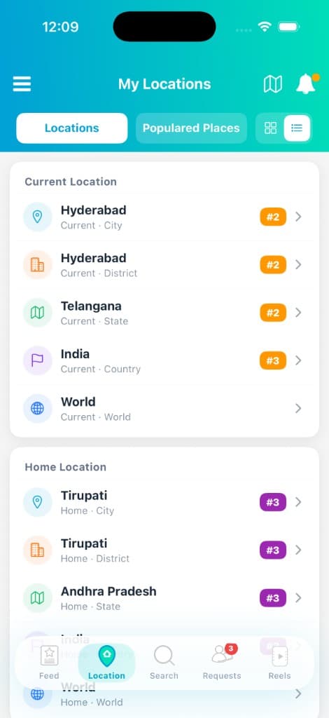Vtoba My Locations screen showing current and home location ranks