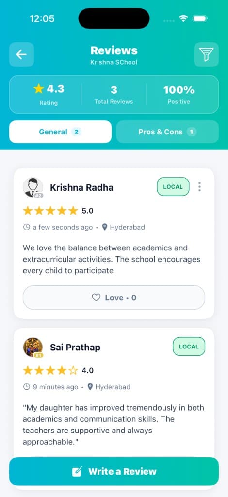 Vtoba reviews screen with rating summary and local reviewer badges