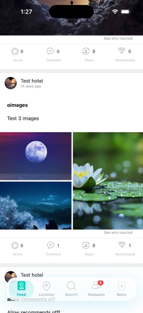 Vtoba social feed post with photo gallery, score, comments, share, and recommend actions