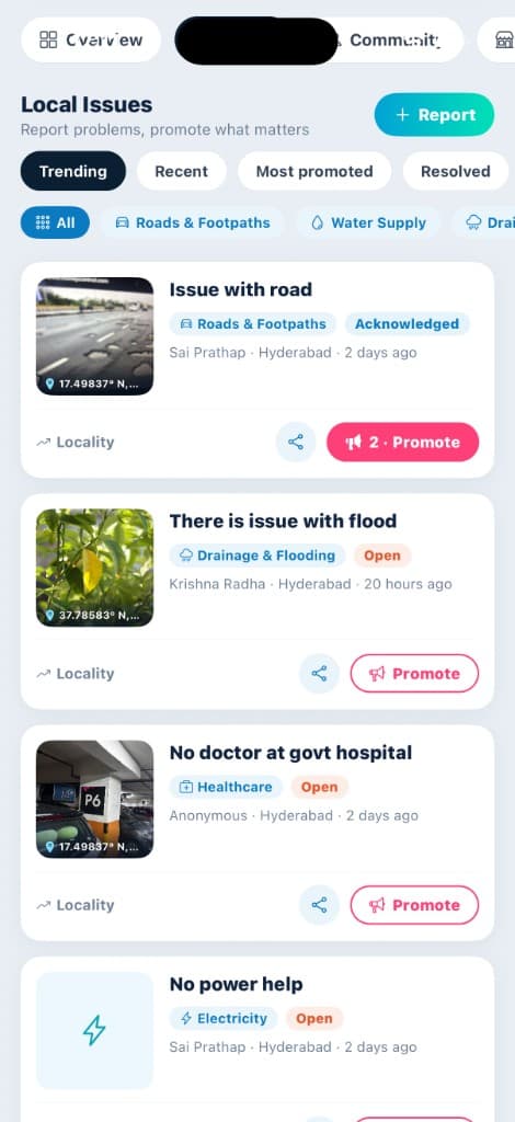 Vtoba Local Issues feed showing reported civic problems with promote actions