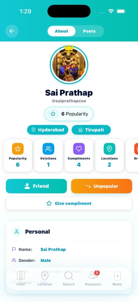 Vtoba profile showing Popularity crowns, relations, compliments, and multi-city locations