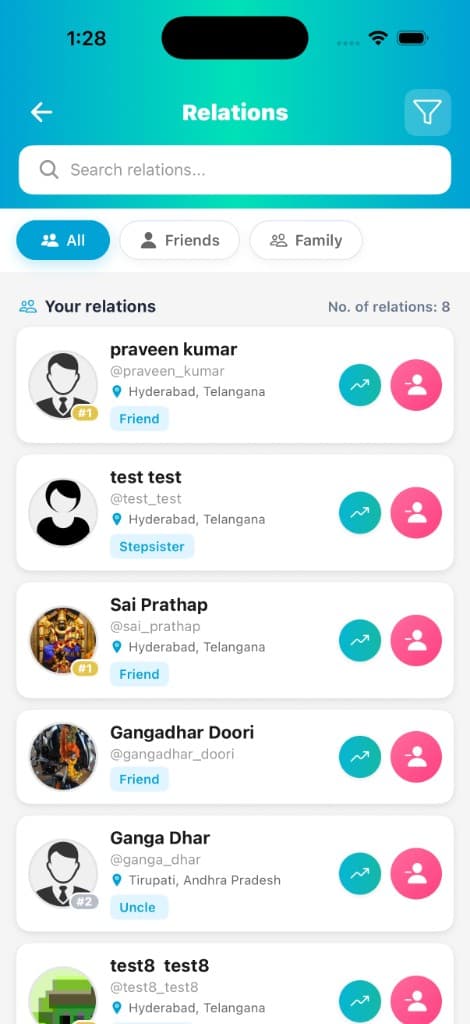Vtoba Relations screen with Friends and Family filters, typed relation badges, and rank indicators