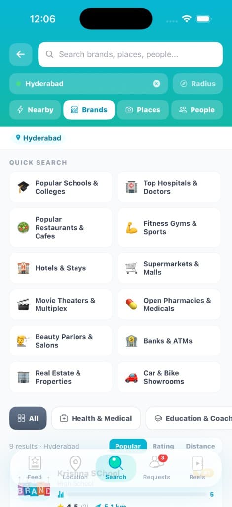 Vtoba search screen with quick search categories for brands and places near you